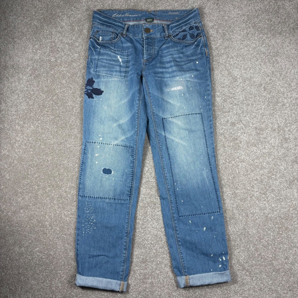 Eddie Bauer Boyfriend Relaxed Jeans Embroidered Patch Cinch Back Blue Denim Sz 8